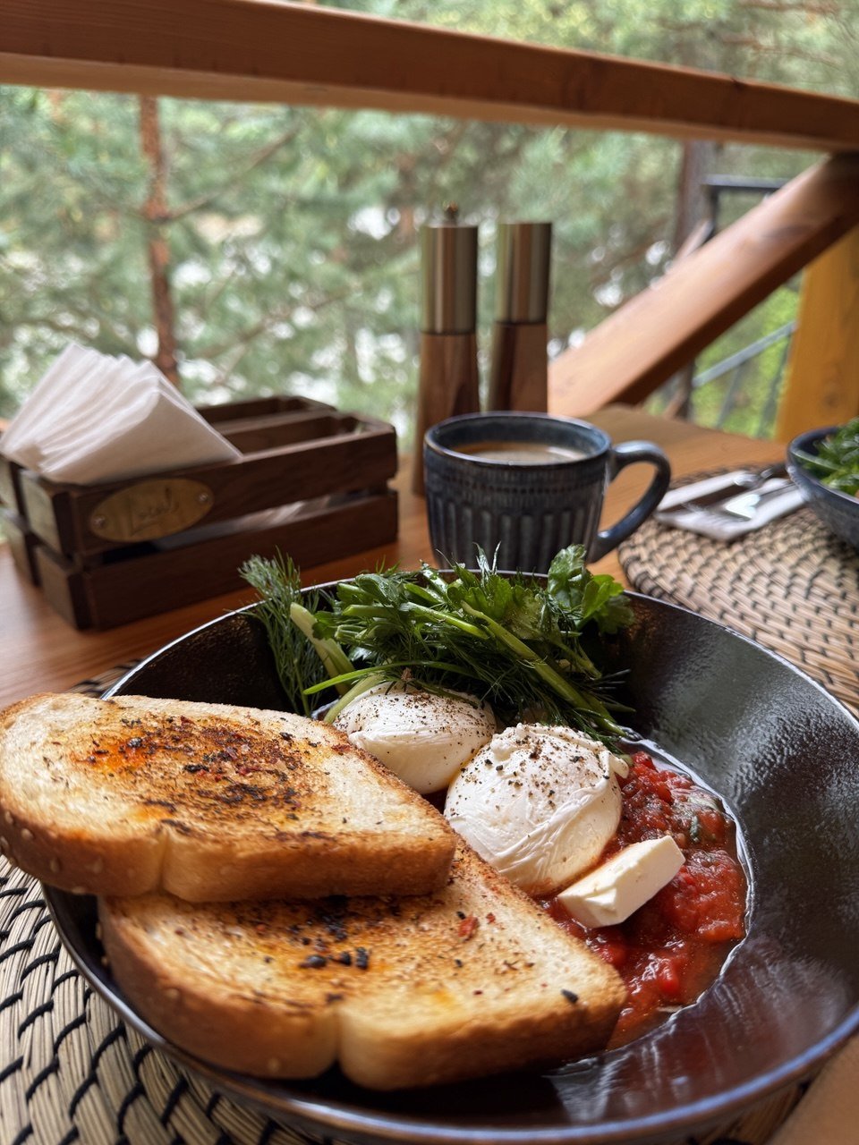 Шакшука с яйцом пашот, брынзой и тостами